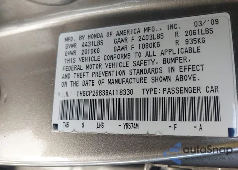 2009 Honda Accord 2.4 Ex-L z USA, uszkodzony, nr VIN 1HGCP26839A118330